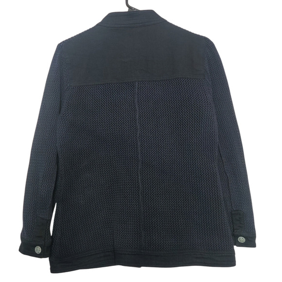 D Damask Women's Medium Cotton Woven Basket Knit Navy Blue Cardigan Sweater - Picture 2 of 9